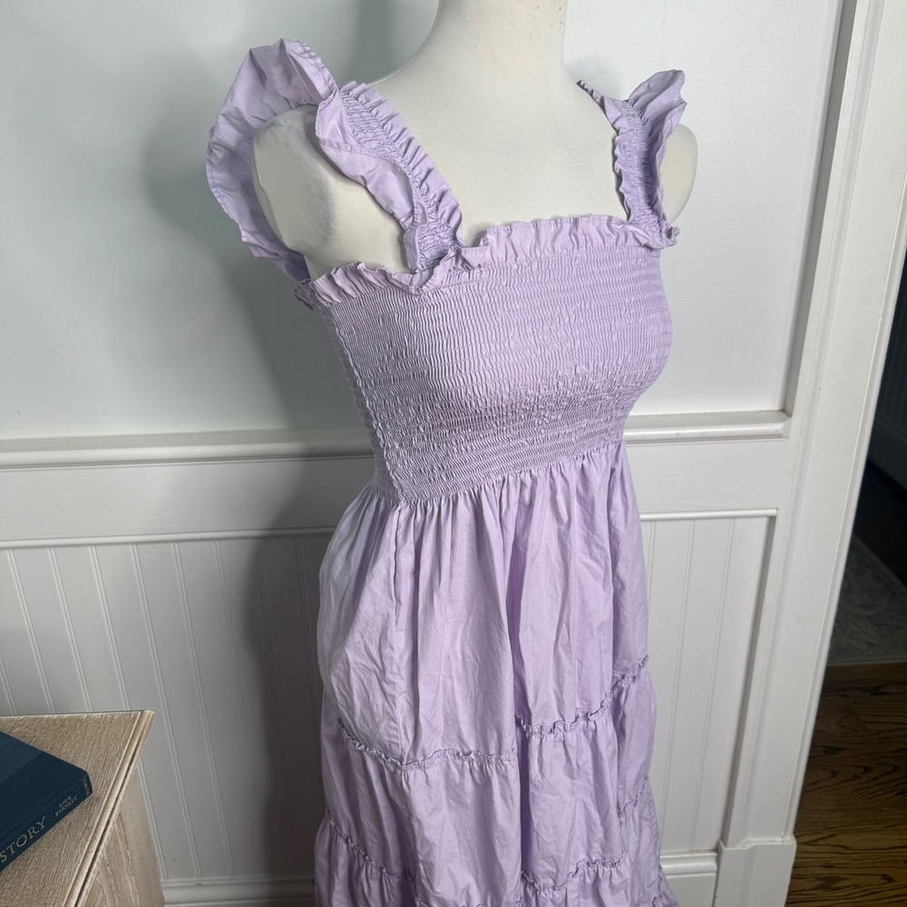 Quince Organic Cotton Smocked Tiered Maxi Dress Lavender Purple Ruffle Strap M - Picture 2 of 7